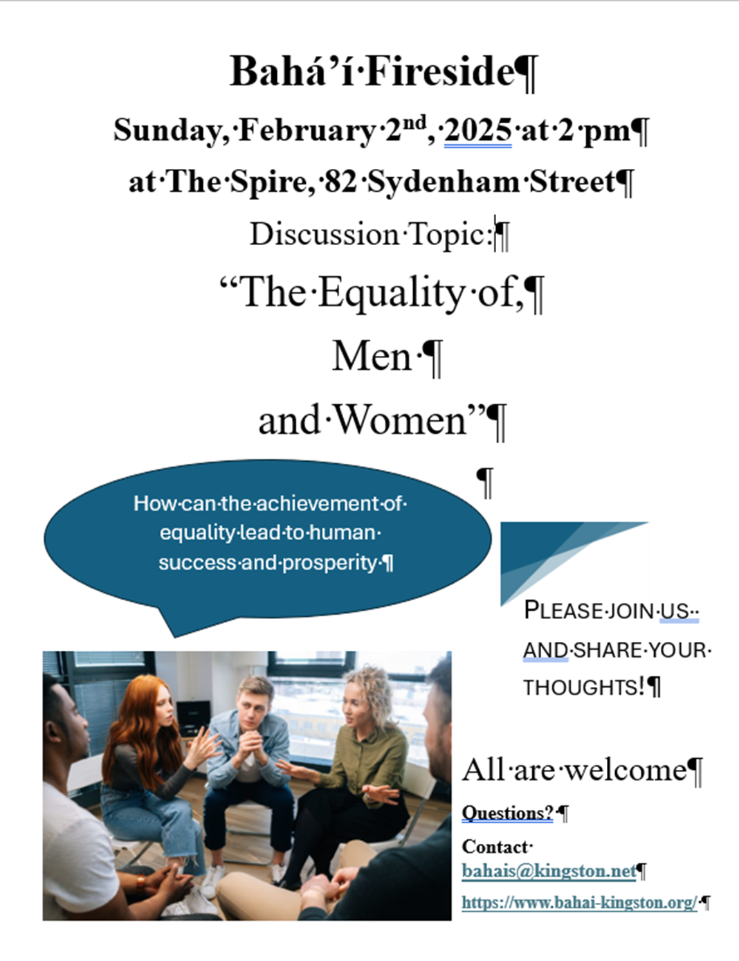 Baha’i Fireside February 2nd